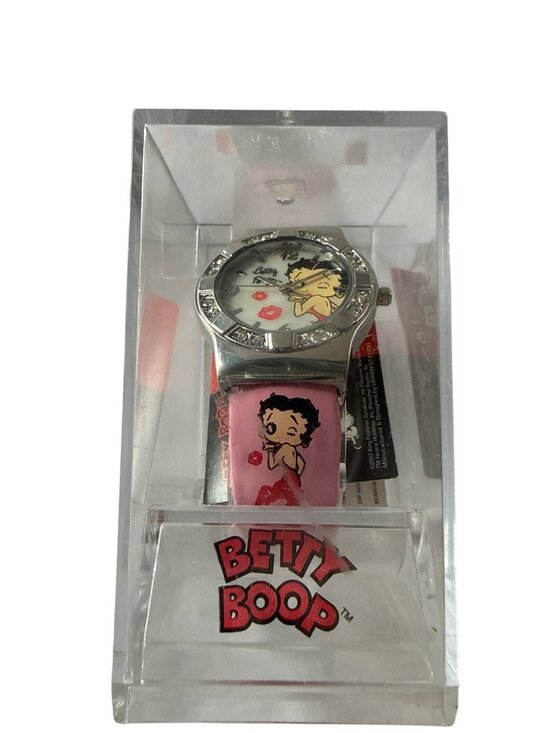 Urban Station Accessories - ‘07 Betty Boop Pink Watch W/ Crystal Accents Floral Leather Strap Original Case